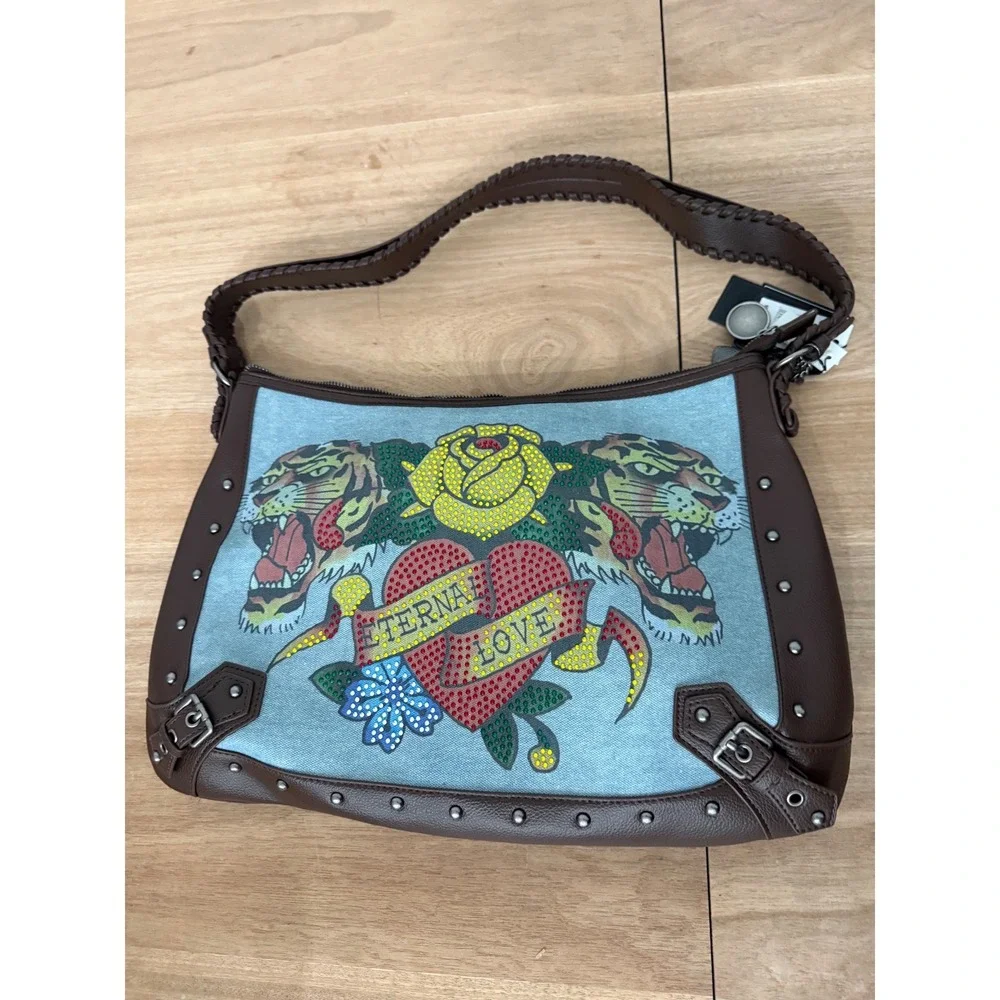 Ed Hardy Eternal Love Rhinestone Denim Brown Studded Hobo Bag New With Tags
